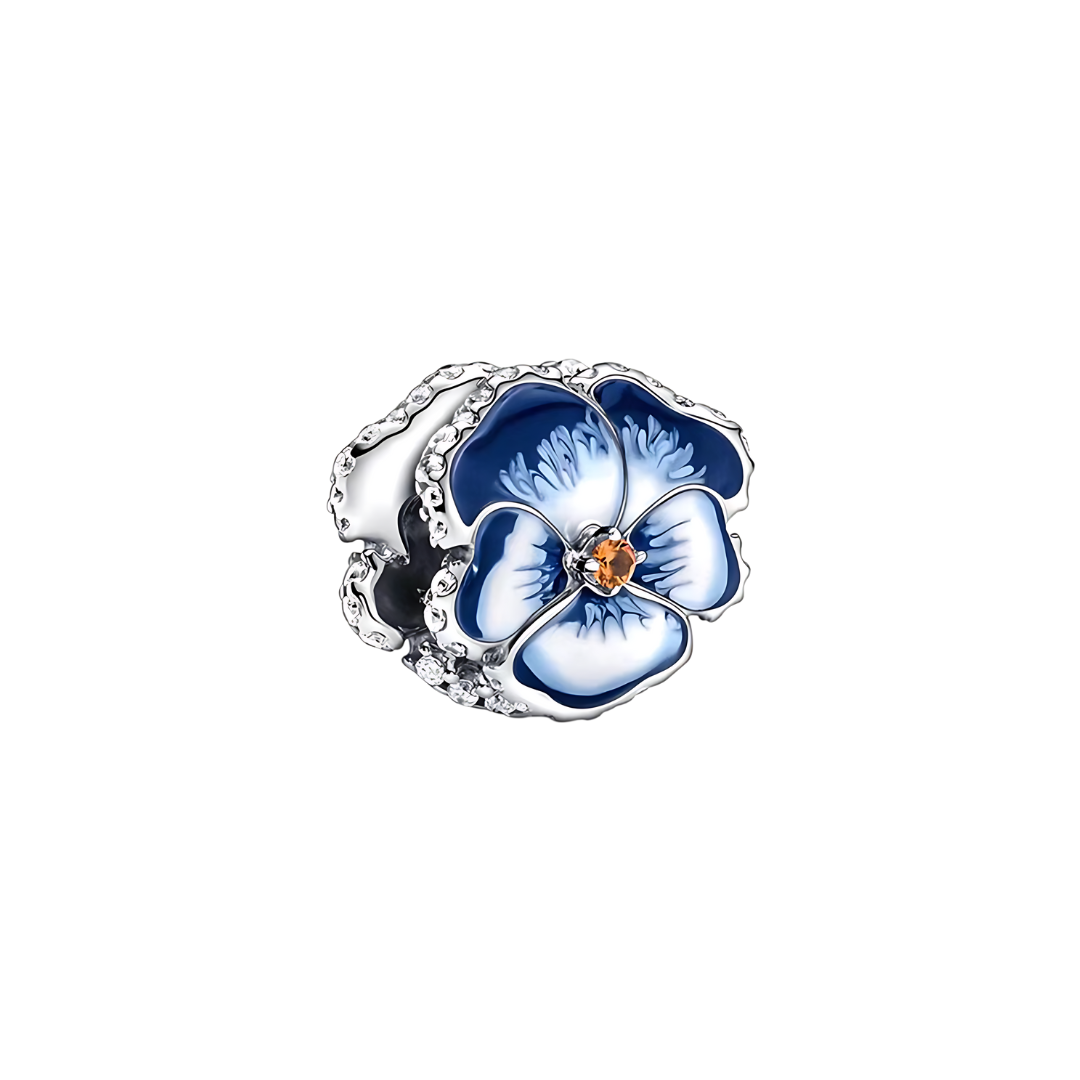 Sparkling Blue Pansy Flower Charm with deep blue petals, white detailing, and a warm amber stone centerpiece.