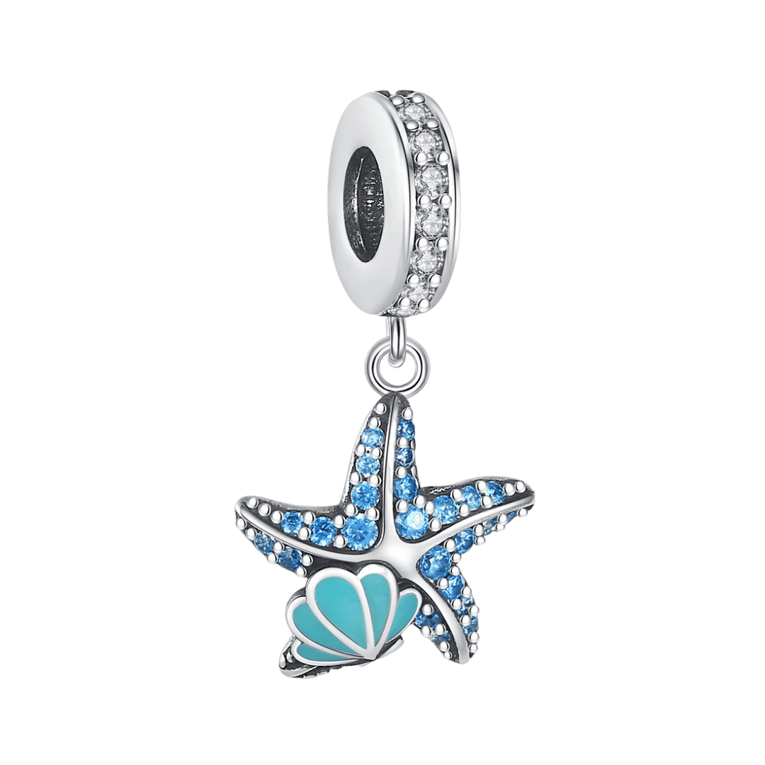 Sparkling Blue Starfish Seashell Dangle Charm with blue crystals and turquoise enamel shell.