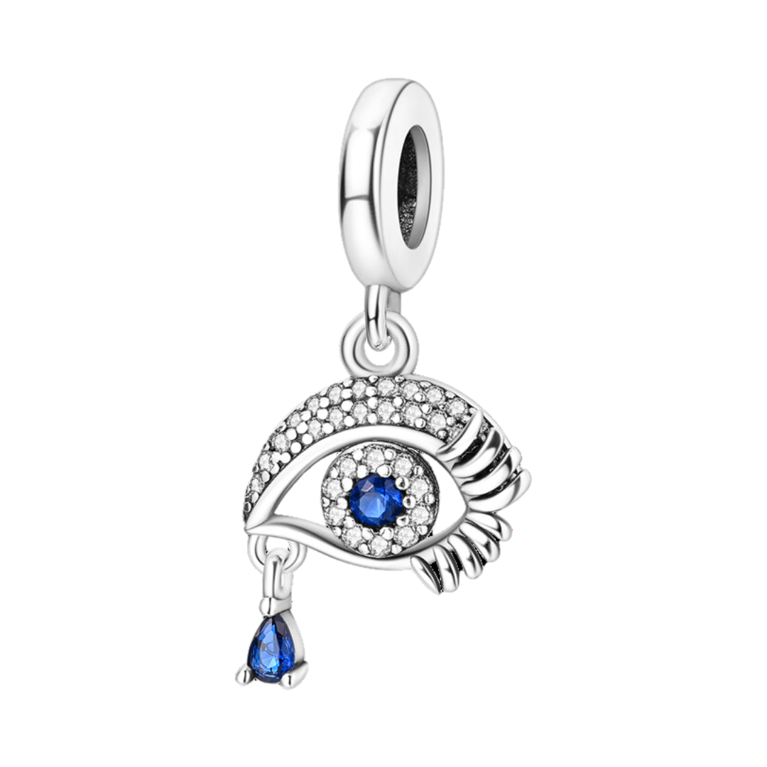 Sparkling Blue Teardrop Eye Dangle Charm featuring a stunning blue stone and sparkling pave details.