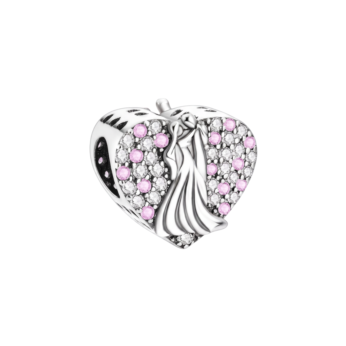 Sparkling Bride And Groom Heart Charm featuring a bride and groom silhouette, adorned with pink and clear sparkling stones.