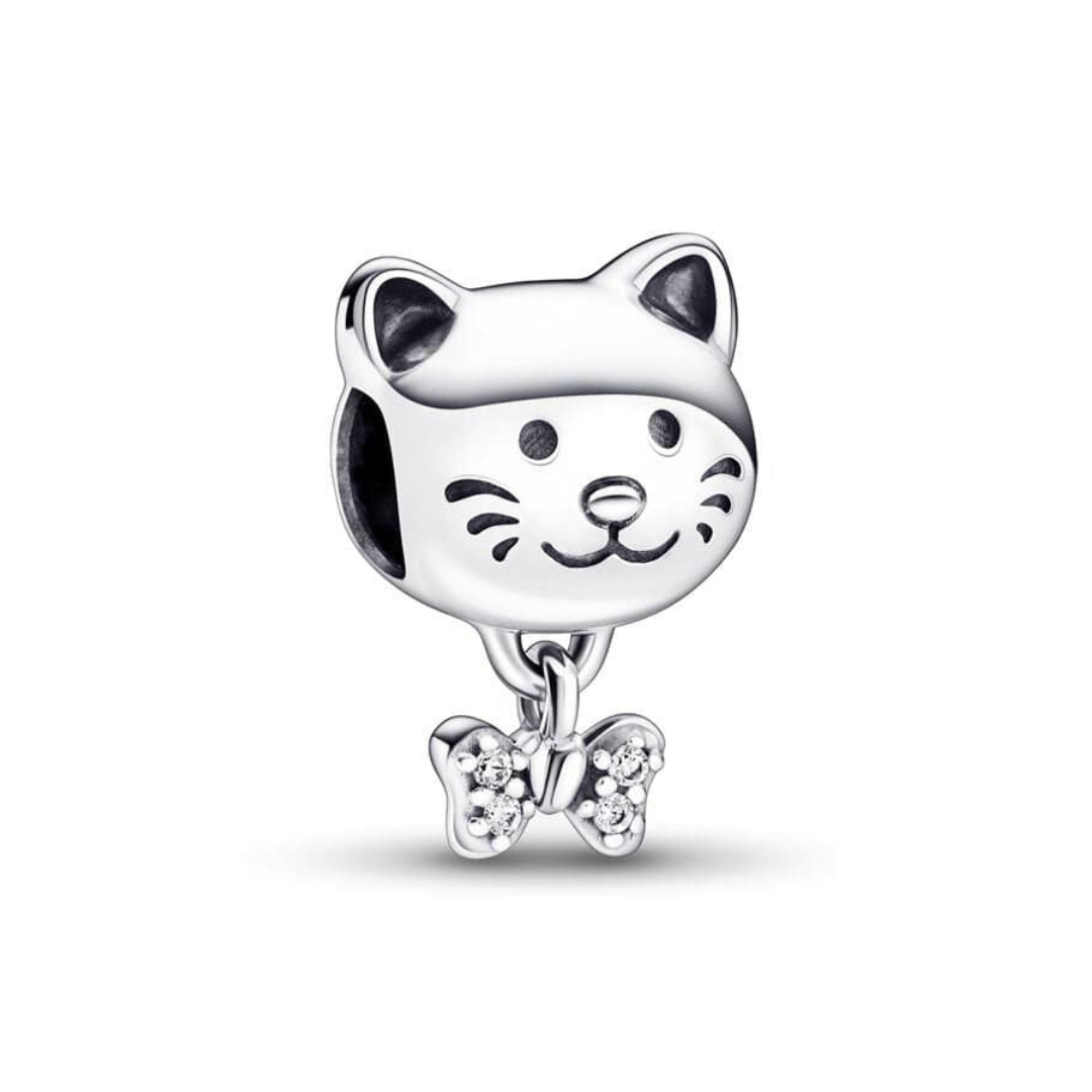 Sparkling Cat And Bow Charm featuring a delicate cat face and a glittering bow charm.