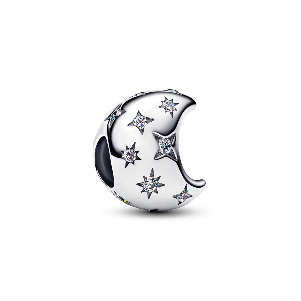 Sparkling Star Scattered Crescent Moon Charm with engraved stars and sparkling stones, perfect for dreamers.