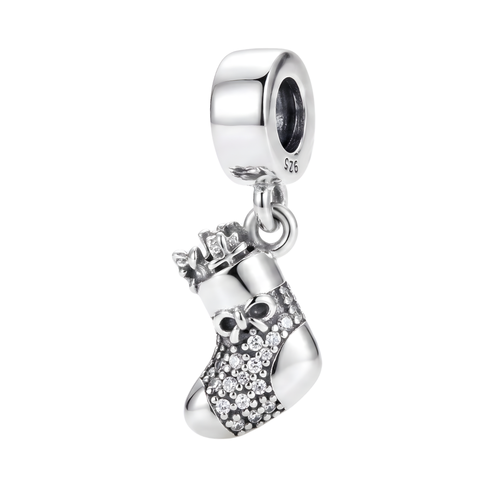Sparkling Christmas Stocking Dangle Charm adorned with crystals and bow detail.