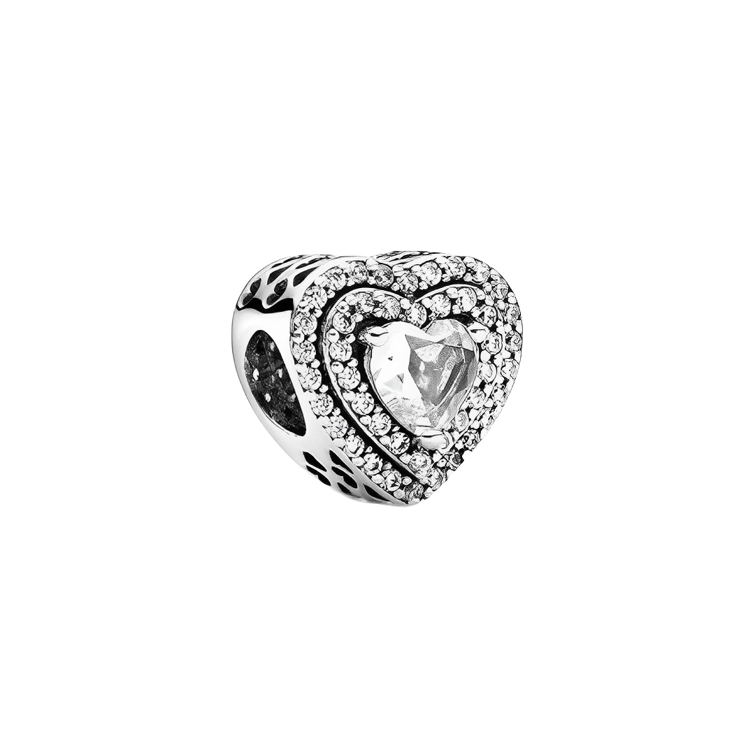 Sparkling Double Halo Heart Charm with large crystal center and pavé stones, perfect for expressing love.
