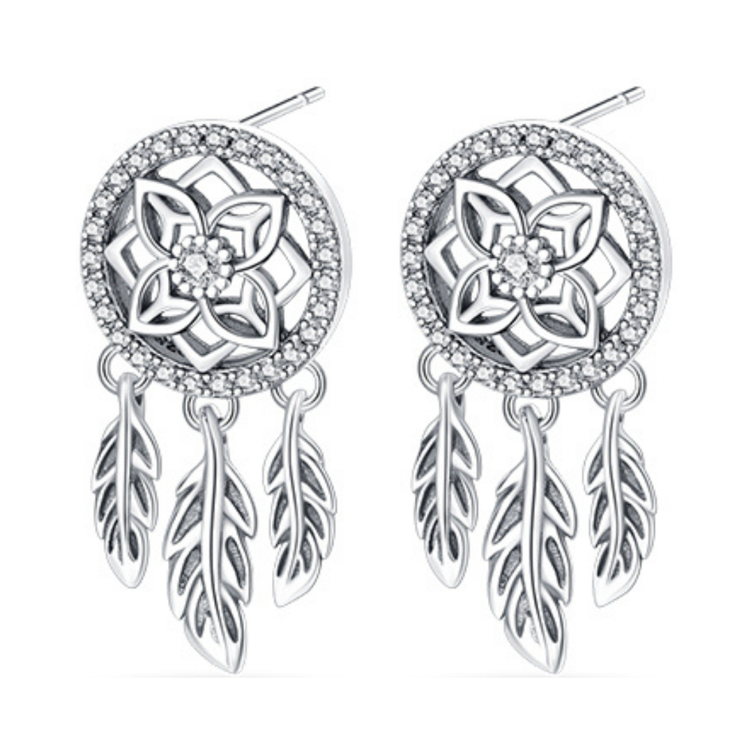 Sparkling Dreamcatcher Feather Stud Earrings with elegant design and shimmering details, perfect for boho style lovers.