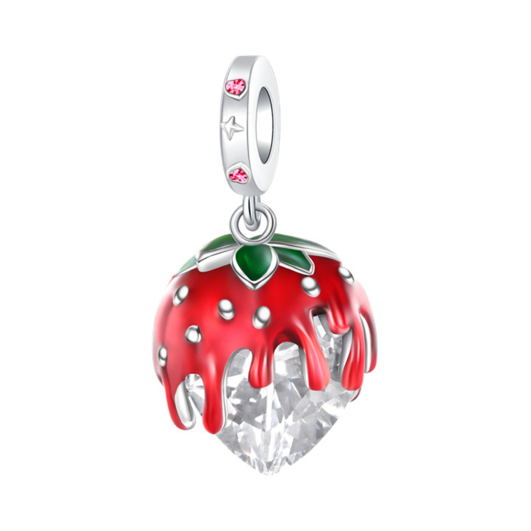 Sparkling Dripping Strawberry Dangle Charm with vivid red enamel and sparkling stone base, perfect gift for her.