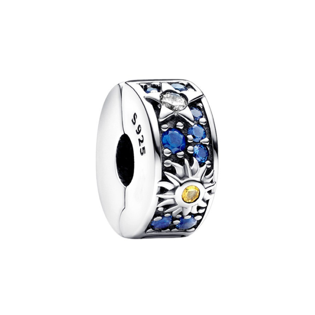 Sparkling Earth's Sky Celestial Clip Charm featuring deep blue stones, sun, star, and crescent moon motifs.