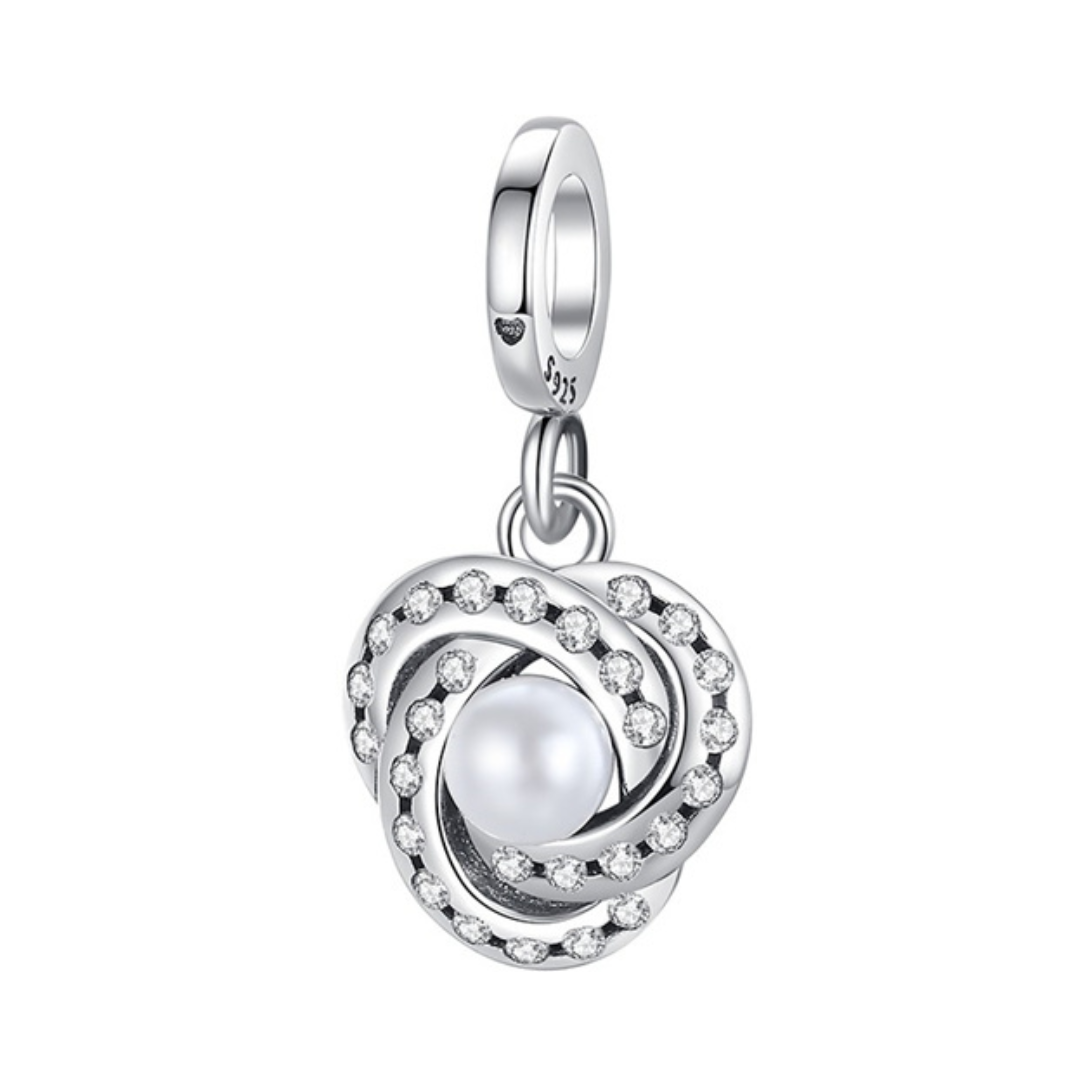 Sparkling Eternity Knot Pearl Dangle Charm with interlocking rings and a freshwater pearl centerpiece.