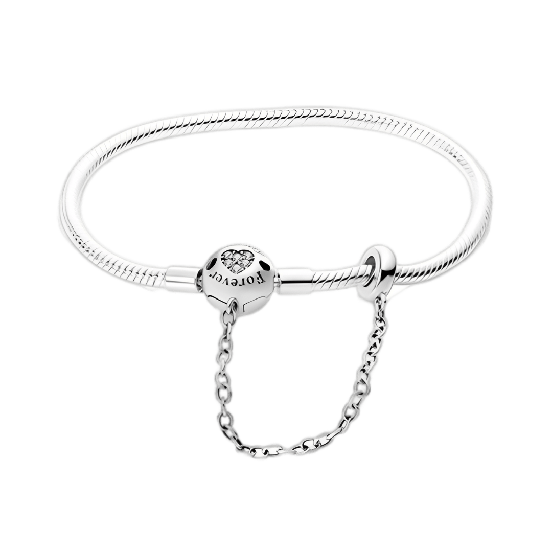 Sparkling Forever Heart Snake Chain Bracelet featuring a silver design with a heart-shaped clasp and safety chain.