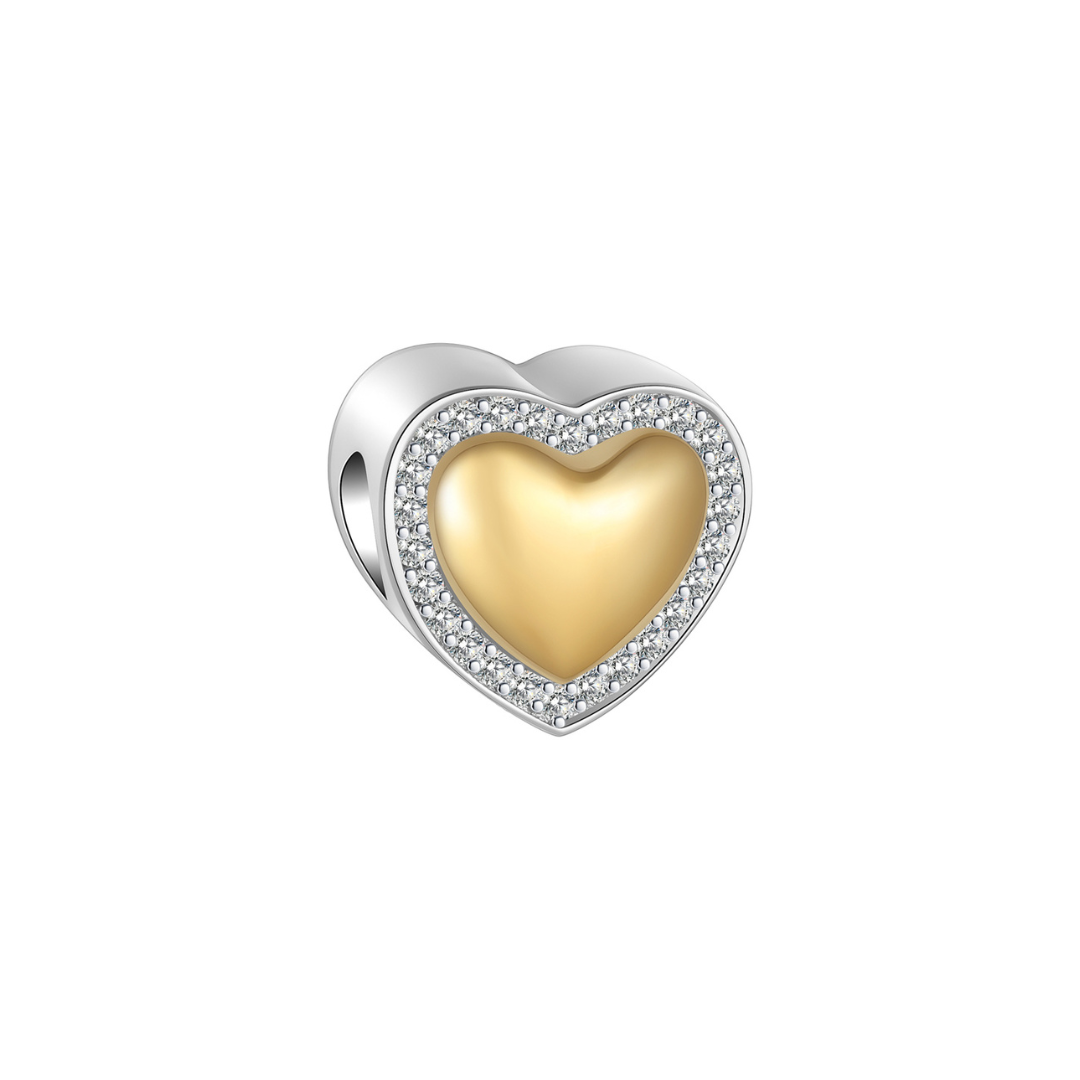 Sparkling Gold Heart Charm featuring a polished gold heart surrounded by sparkling stones in silver.