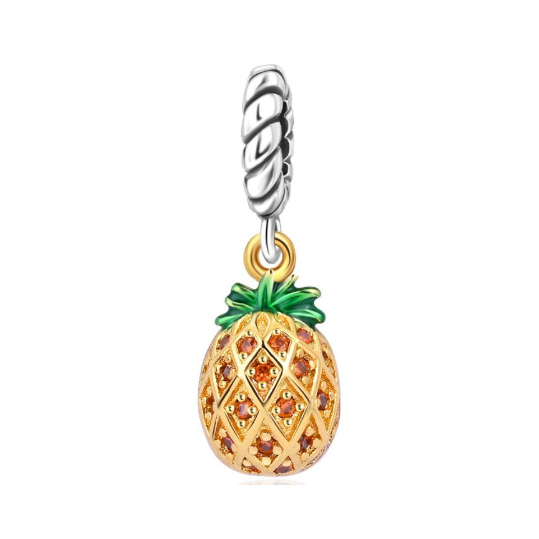 Sparkling Gold Pineapple Dangle Charm featuring a diamond lattice design and vibrant enamel leaves.