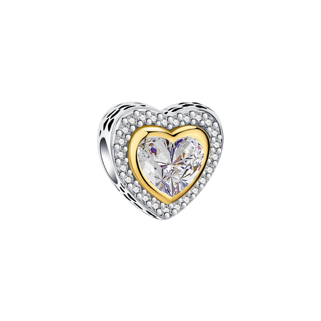 Sparkling Gold & Silver Heart Charm featuring a large faceted heart-cut stone in a gold setting with a halo of clear stones.
