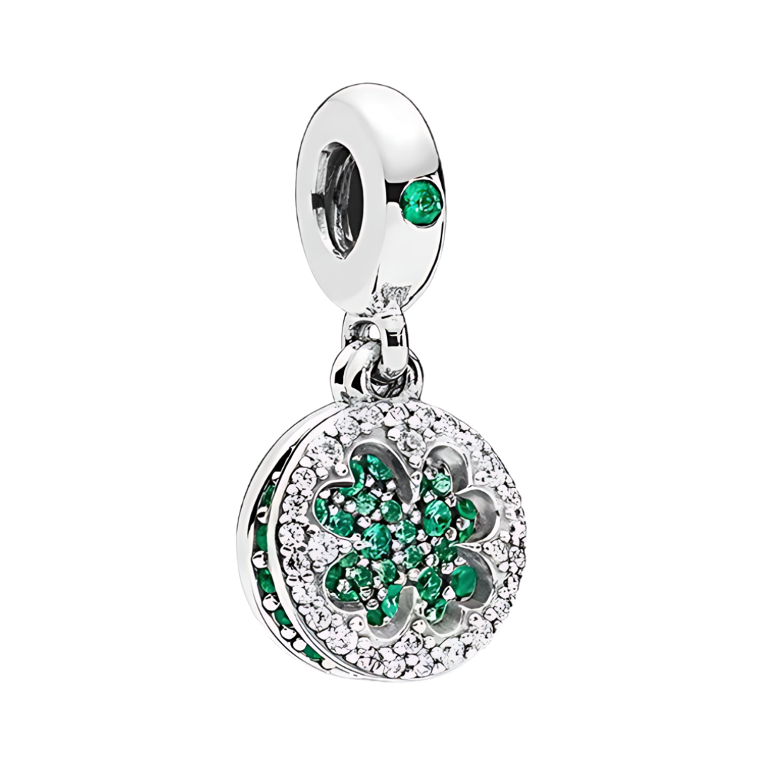 Sparkling Green Four Leaf Clover Dangle Charm featuring emerald green and clear sparkling stones.