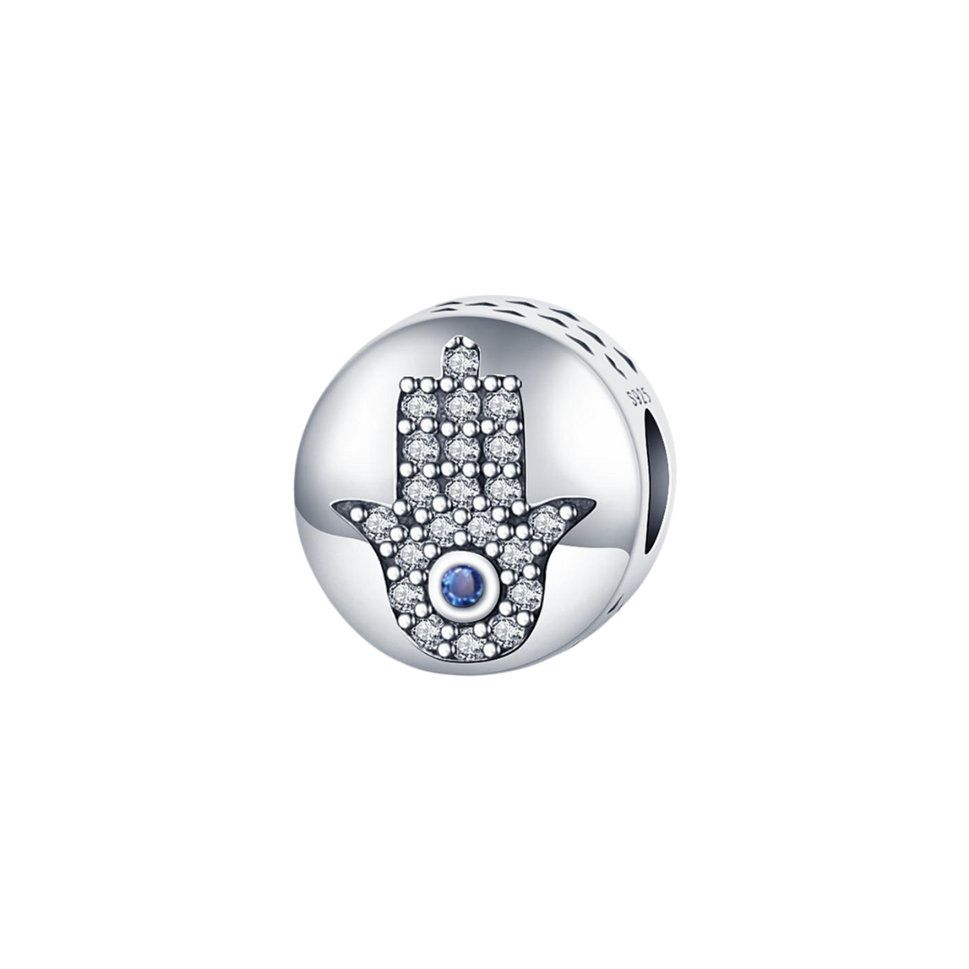 Sparkling Hamsa Hand Round Charm featuring a sparkling design with a blue evil eye at its center.