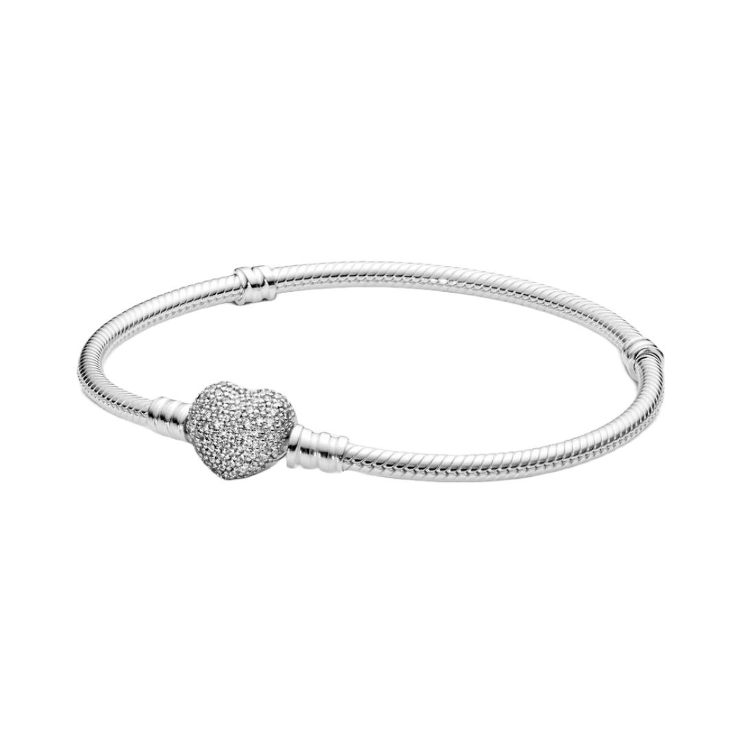 Sparkling Heart Clasp Snake Chain Bracelet featuring a pavé heart clasp with clear stones on a polished snake chain.