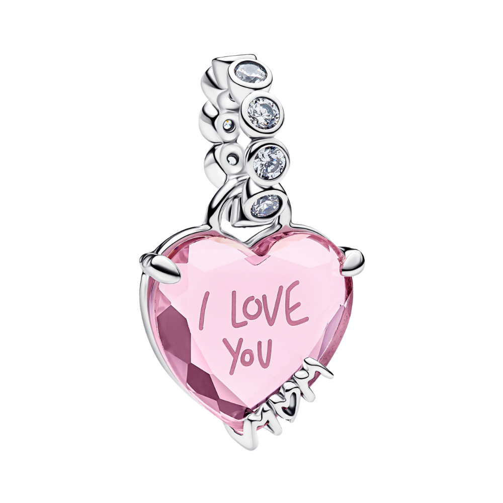 Sparkling I Love You Mum Pink Heart Charm with sparkling stones, engraved with "I Love You" in pink.