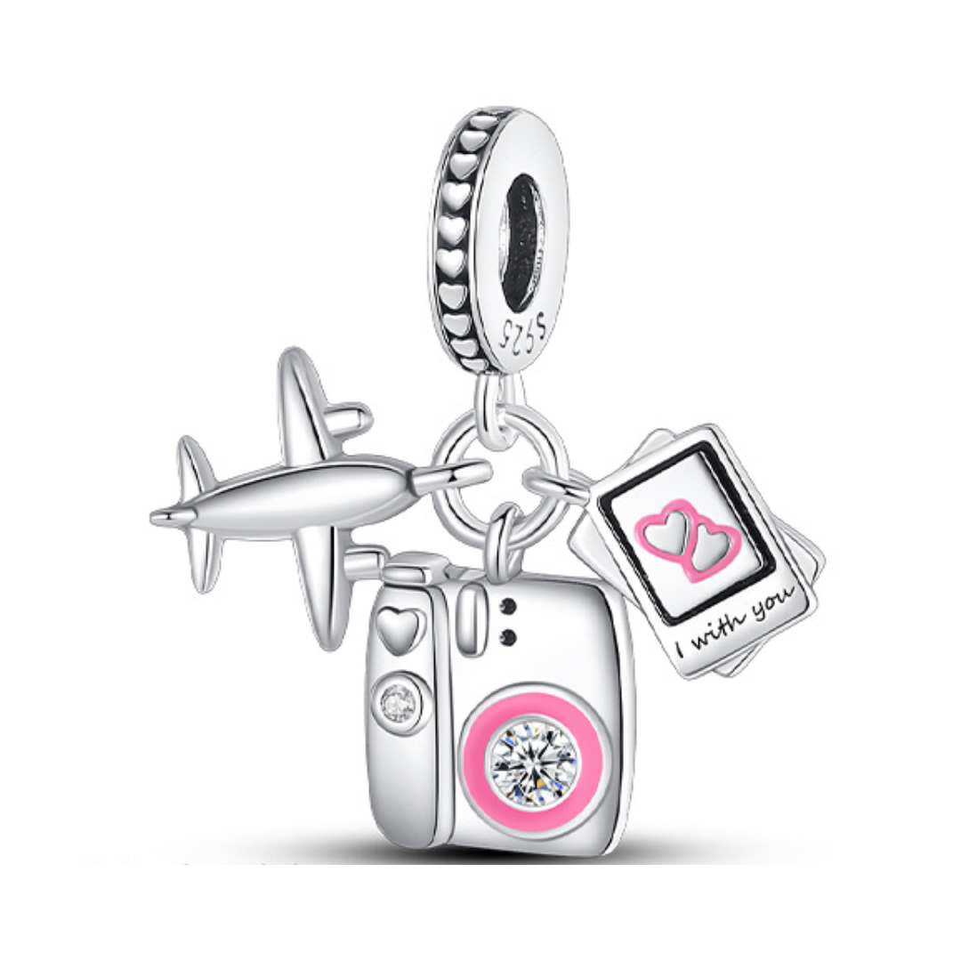 Sparkling I With You Travel Camera Dangle Charm featuring a plane and pink camera with hearts.