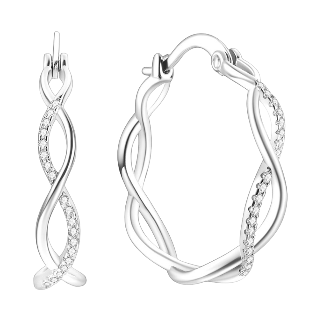 Sparkling Infinity Twist Hoop Earrings showcasing a refined design with sparkling elements and elegant twists.