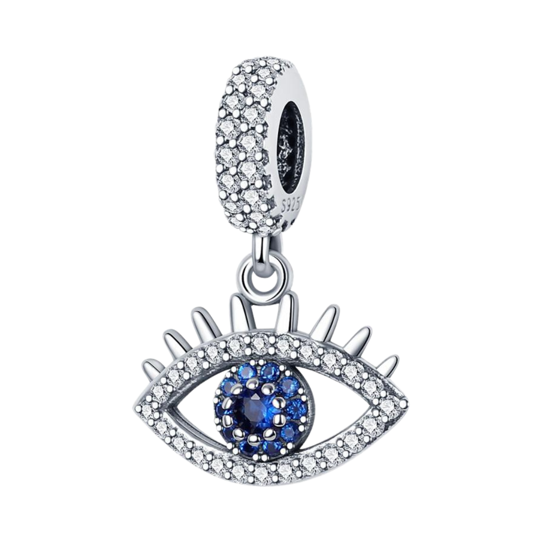 Sparkling Lash Evil Eye Dangle Charm showcasing sparkling white pave and deep blue iris detail.