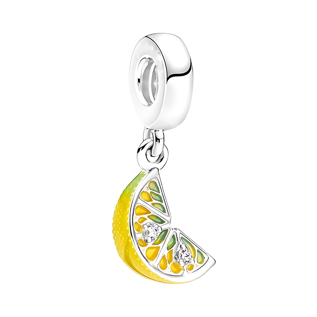 Sparkling Lemon Slice Dangle Charm featuring vibrant yellow and green enamel with shimmering stones.