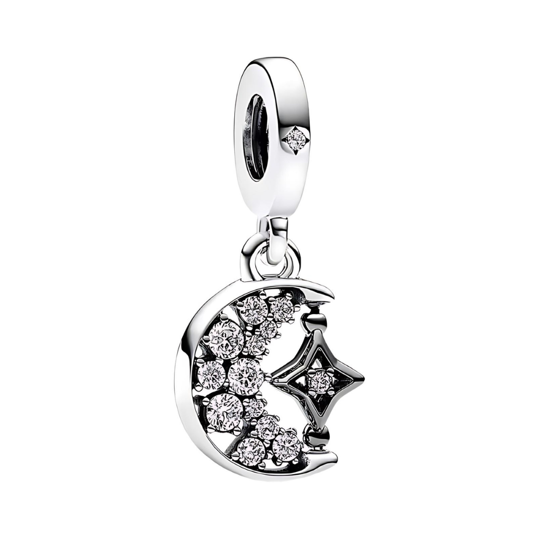 Sparkling Moon & Star Dangle Charm featuring a crescent moon with clear stones and a star, perfect for romantic gifts.