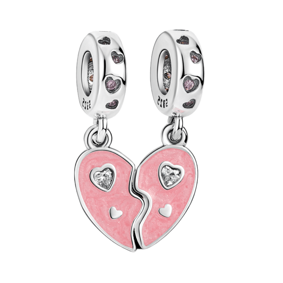 Sparkling Mother Daughter Heart Dangle Charm featuring a split heart design in pink with crystals.