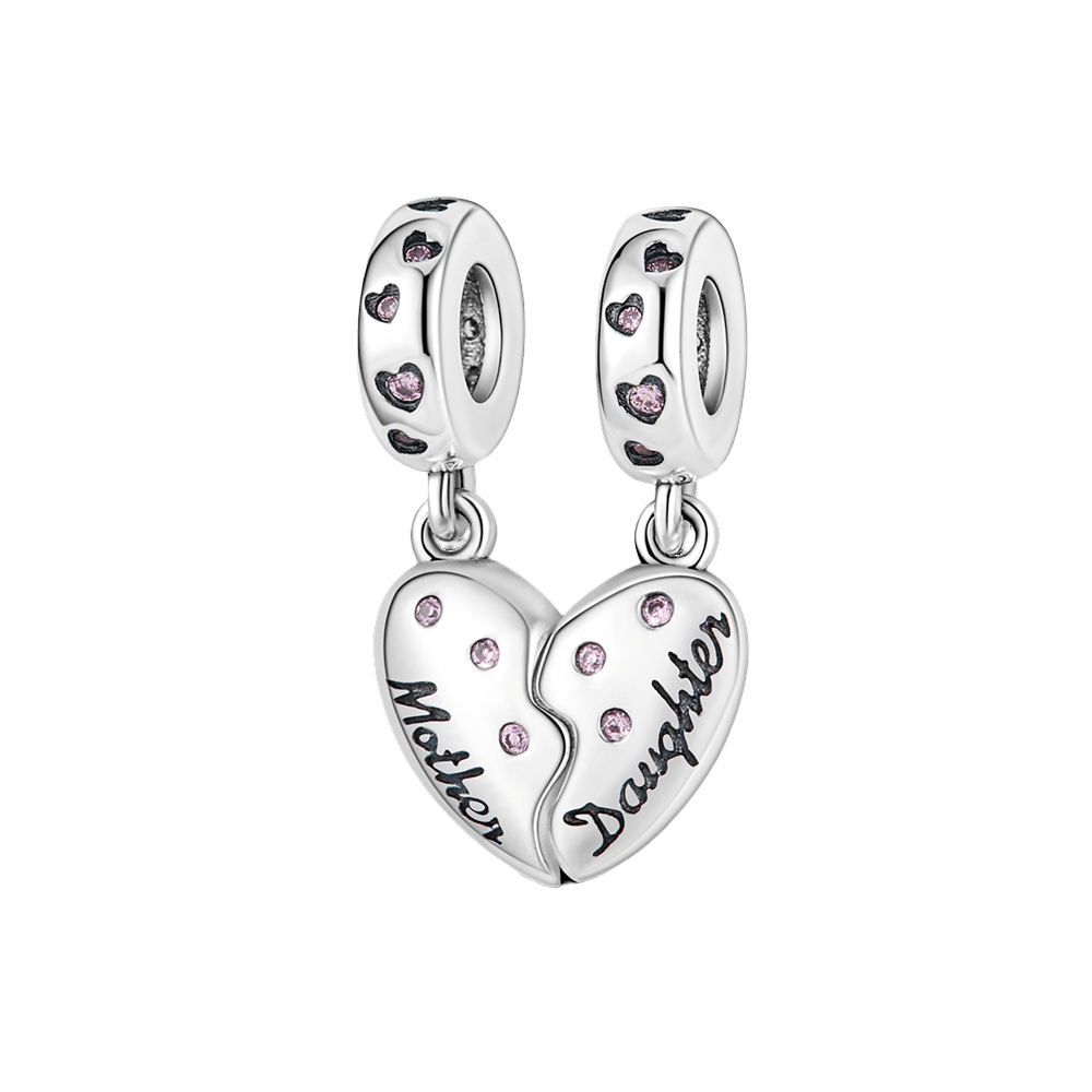 Sparkling Mother Daughter Heart Dangle Charm with pink crystals and engraved 'Mother' and 'Daughter'