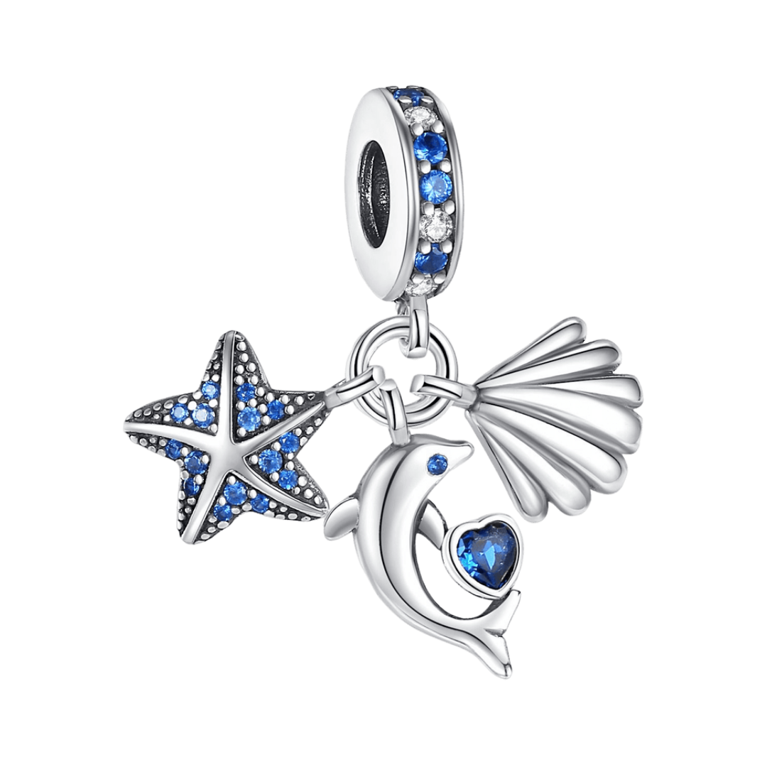 Sparkling Ocean Starfish Dolphin Triple Dangle Charm, featuring a blue starfish, dolphin, and shell pendants.