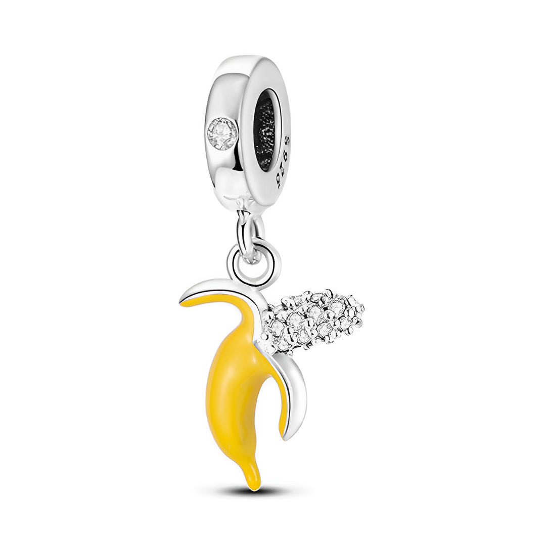Sparkling Peeled Banana Dangle Charm showcasing vivid yellow enamel and sparkling white pave details.