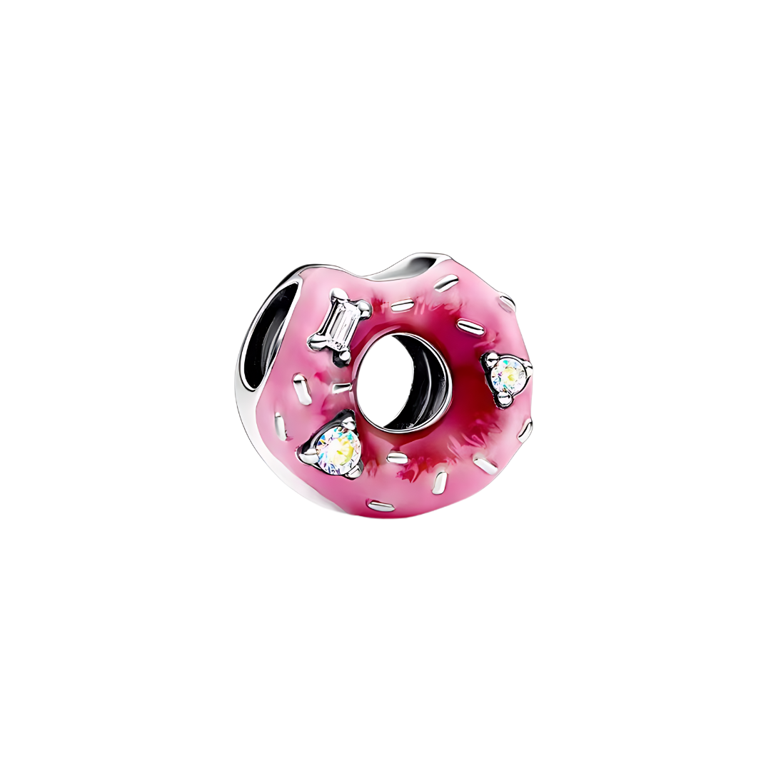 Sparkling Pink Donut Charm featuring rich enamel, silver sprinkles, and colorful sparkling stones.
