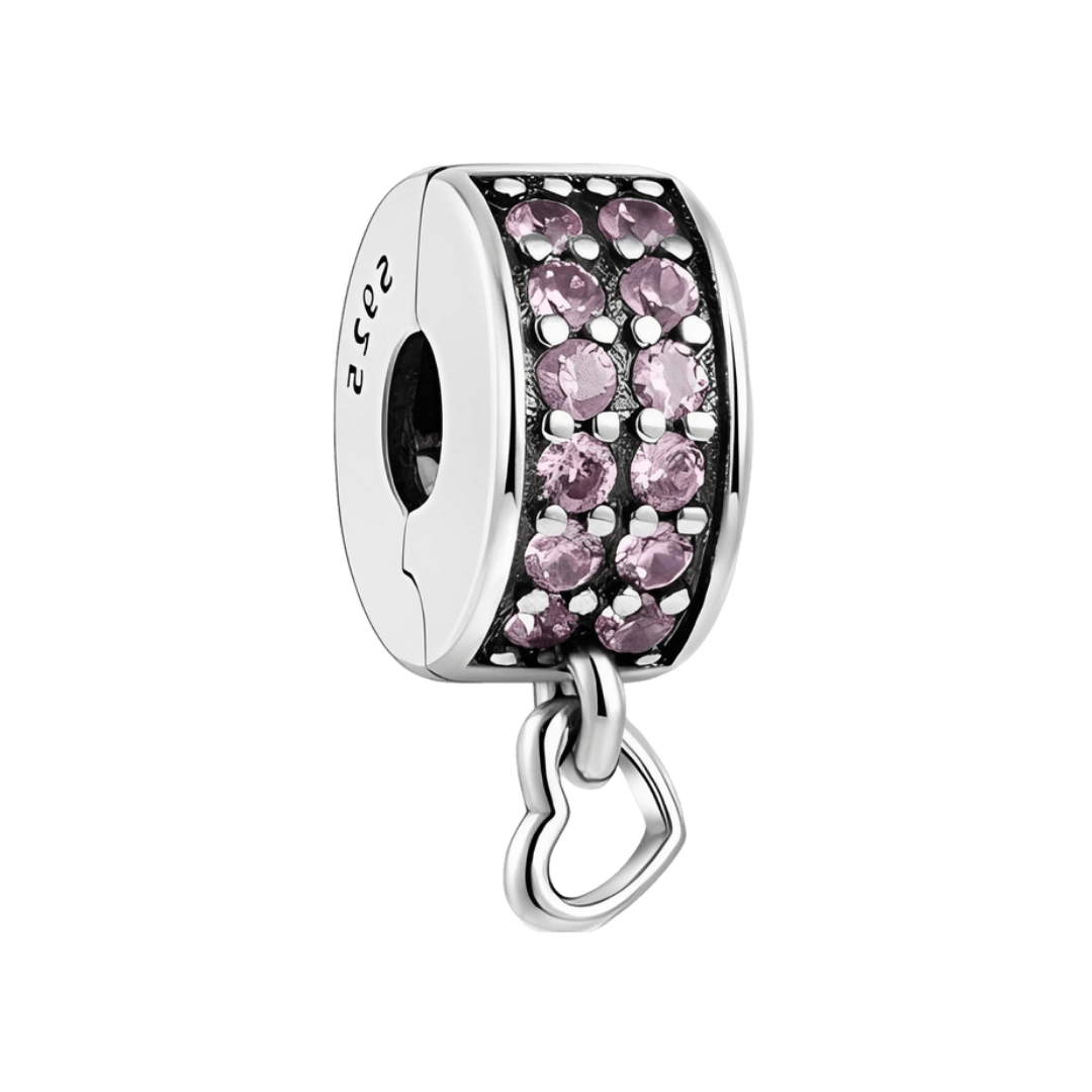 Sparkling pink heart clip charm featuring pink crystals and a heart-shaped clasp for stylish bracelet customization.