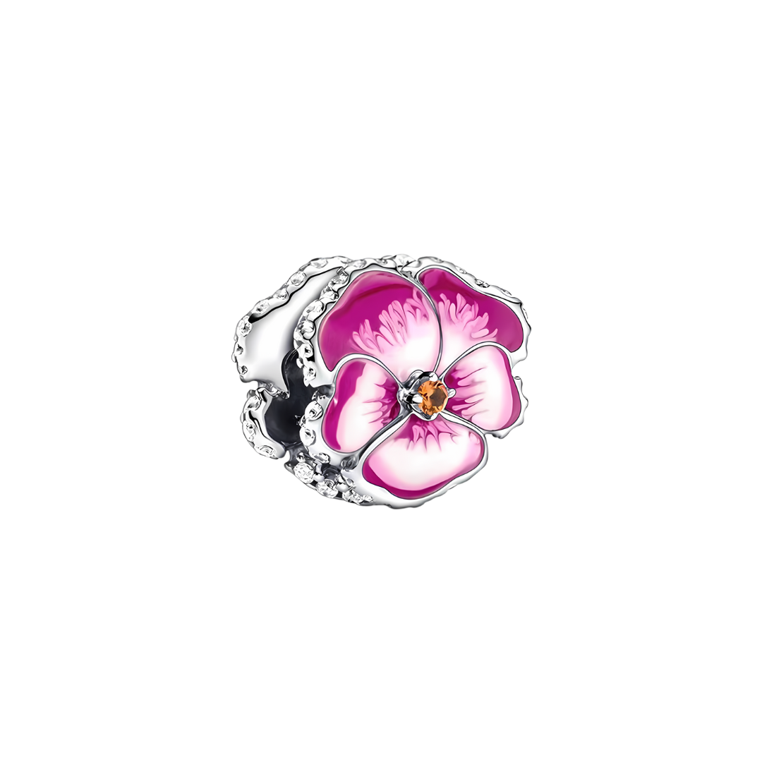 Sparkling Pink Pansy Flower Charm featuring vivid pink petals and sparkling stones on a polished silver design.