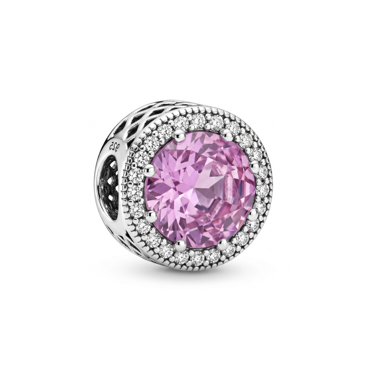 Sparkling Pink Radiant Halo Charm featuring a large pink faceted stone surrounded by clear sparkling stones in silver frame.