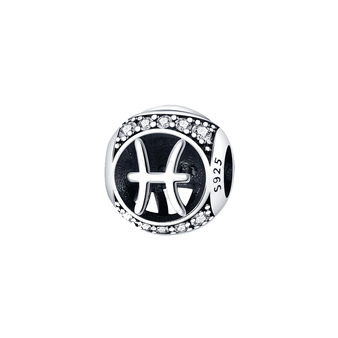 Sparkling Pisces Star Sign Charm with silver symbol and crystal accents on an oxidised background.