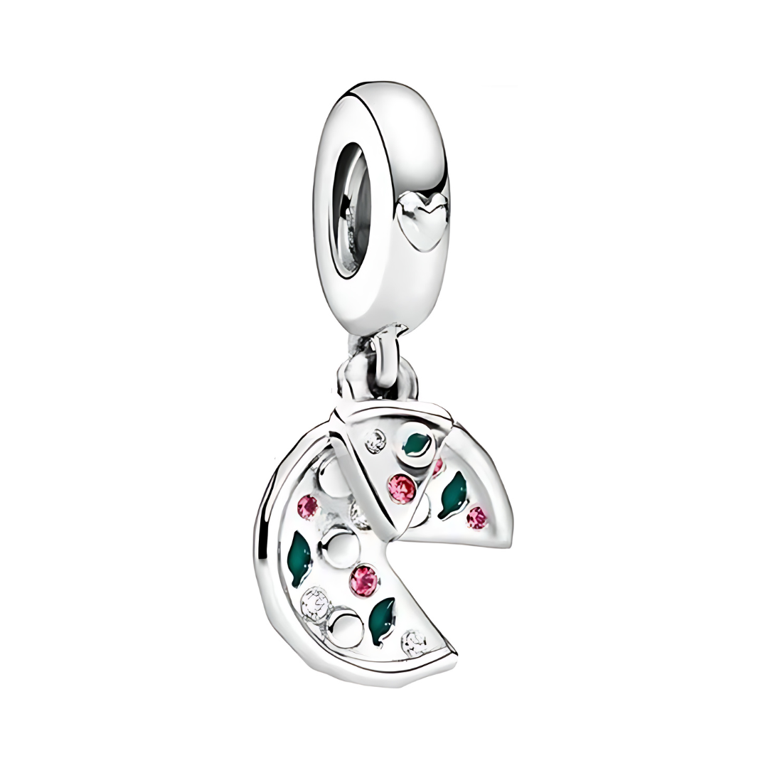 Sparkling Pizza Slice Dangle Charm in sterling silver with pink stones and teal enamel details.