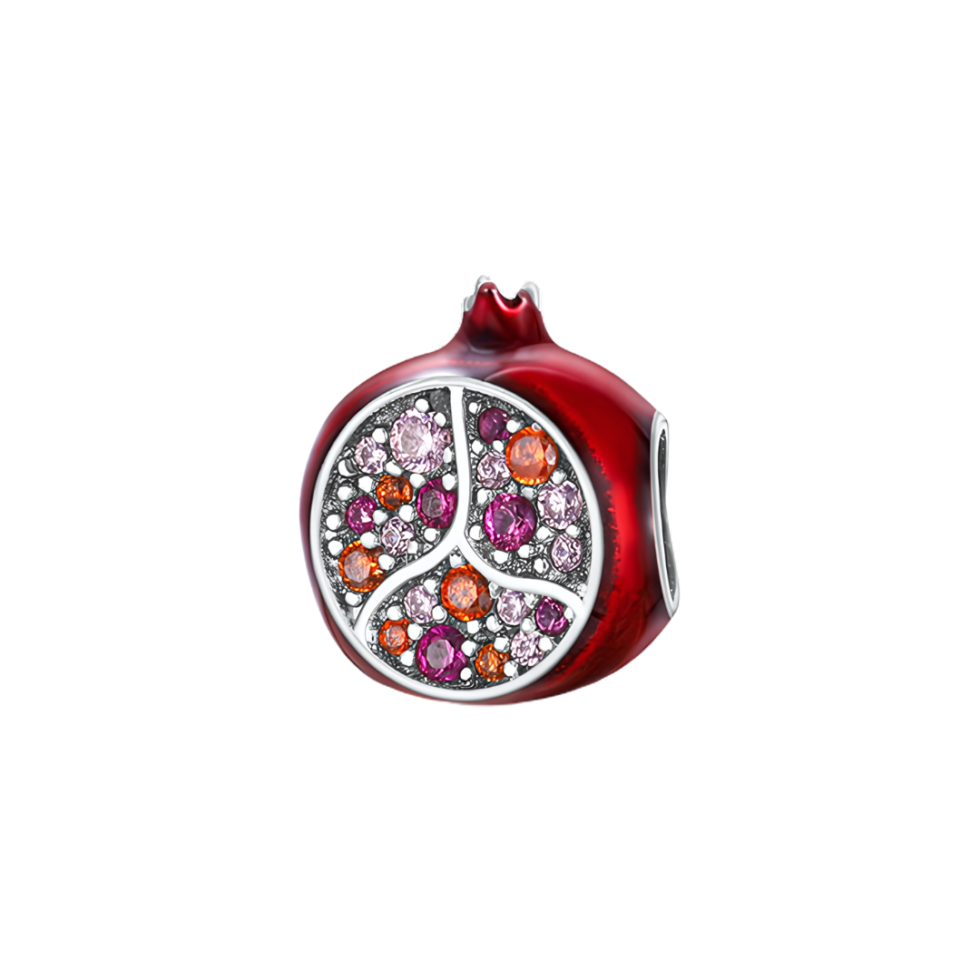 Sparkling Pomegranate Charm with deep red enamel and sparkling mixed-tone crystals resembling pomegranate seeds.