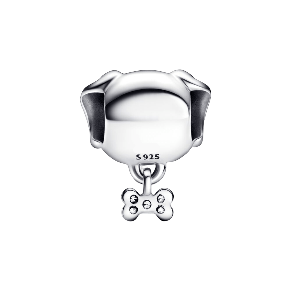 Sparkling Puppy and Bone Charm featuring a detailed puppy face and a dangling bone charm for dog lovers.