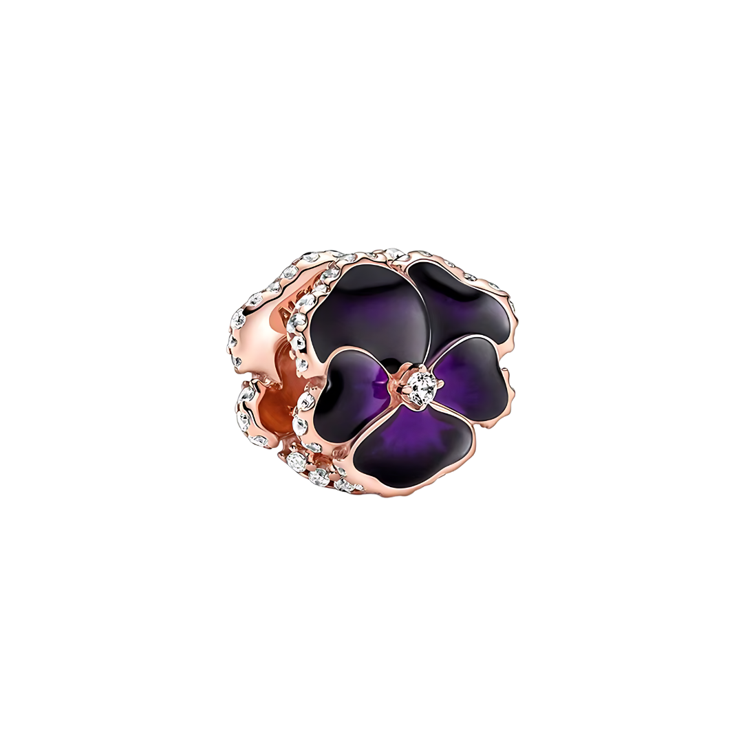 Sparkling Purple Pansy Flower Charm with deep purple enamel petals and rose gold accents.
