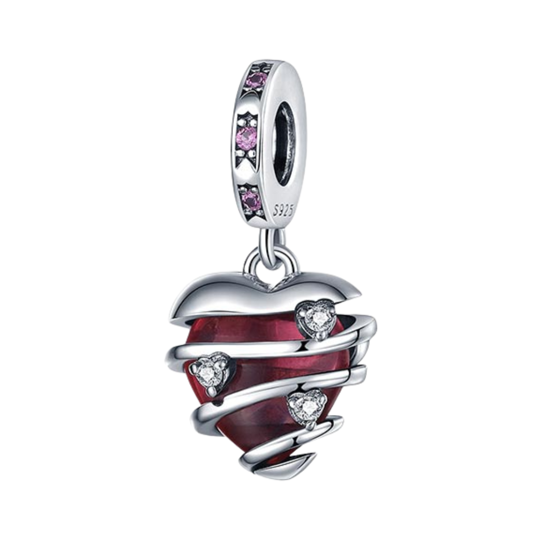 Sparkling Red Wrapped Heart Dangle Charm featuring a red heart and silver ribbon with sparkling crystals.
