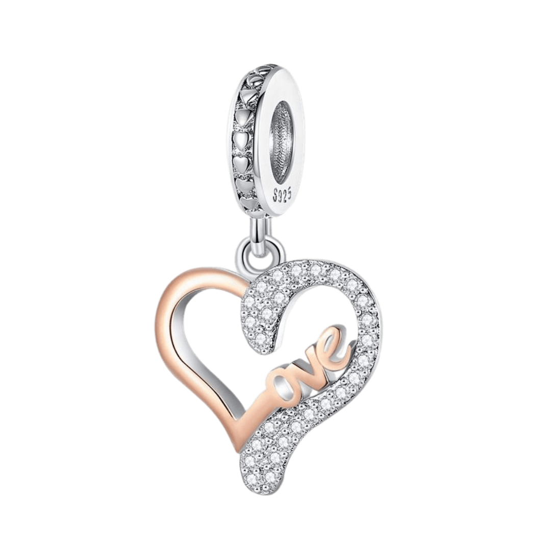 Sparkling Rose Gold Love Heart Dangle Charm with open heart design and sparkling crystals.