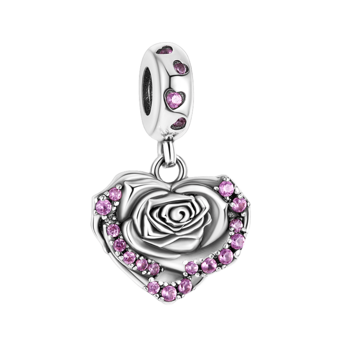 Sparkling Rose Heart Love Dangle Charm with pink crystals and silver rose design, perfect gift for loved ones.