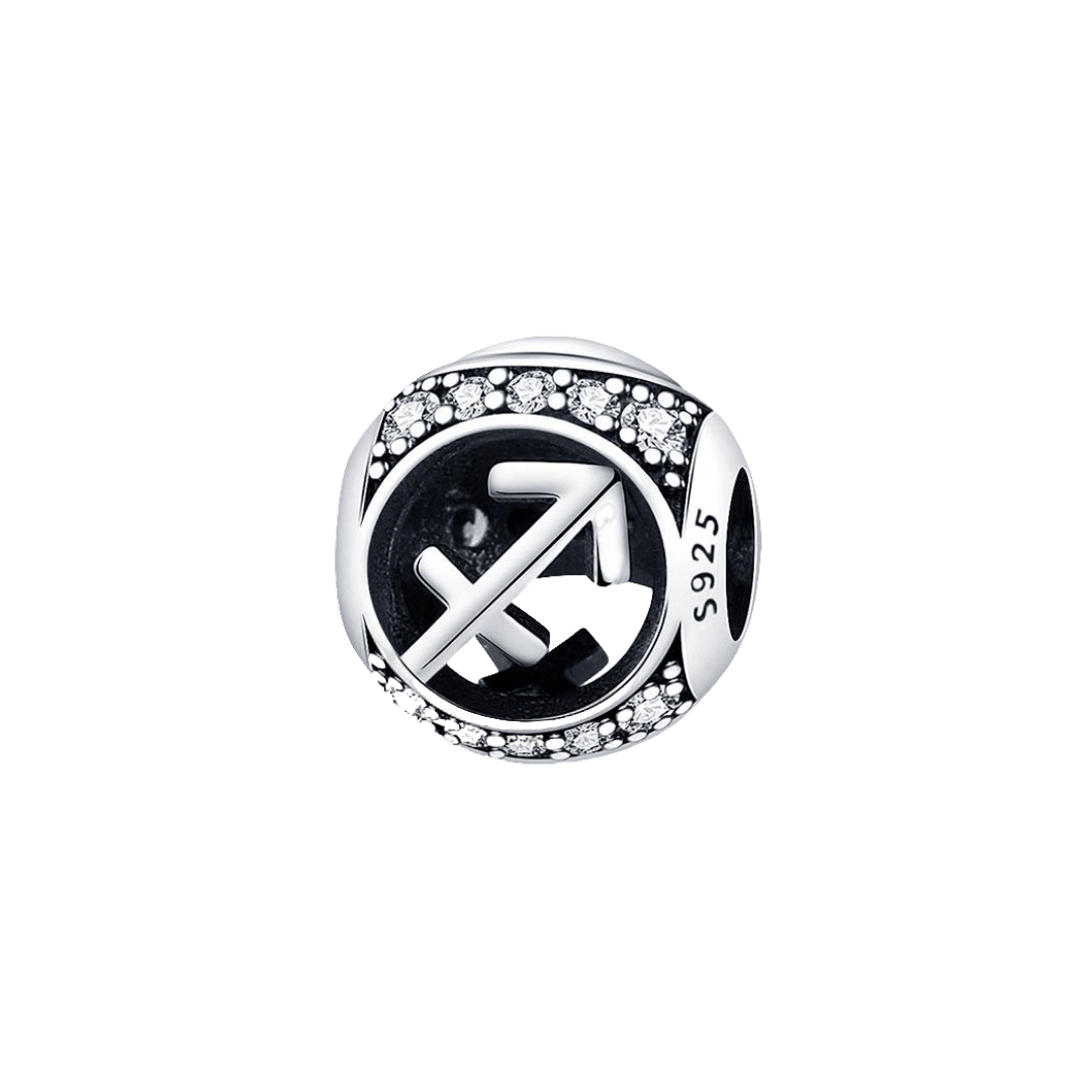 Sparkling Sagittarius Star Sign Charm with pavé crystals on an oxidized background