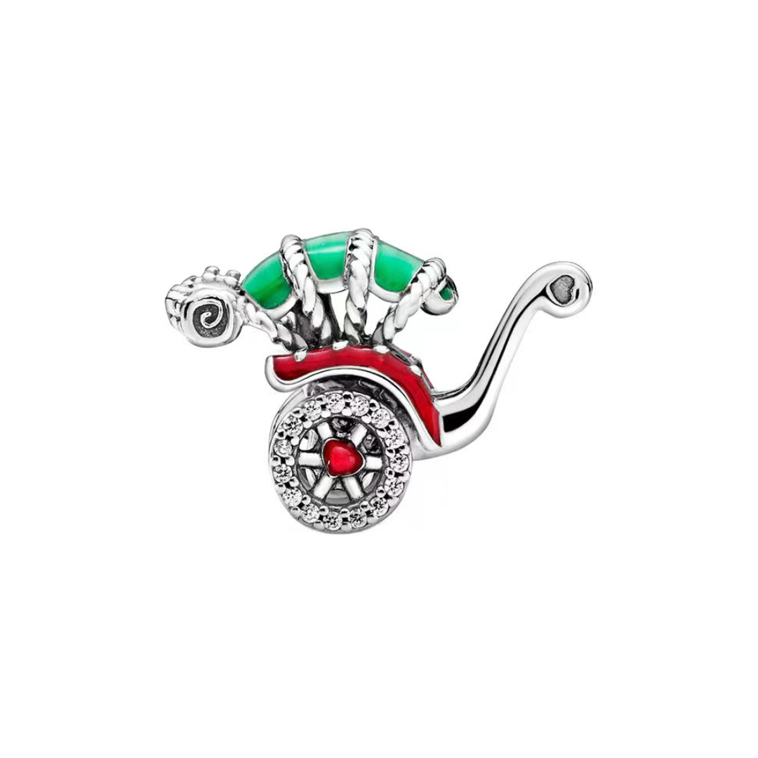 Sparkling Santa's Sleigh Christmas Charm featuring red and green enamel, pavé crystal wheel, and festive design.