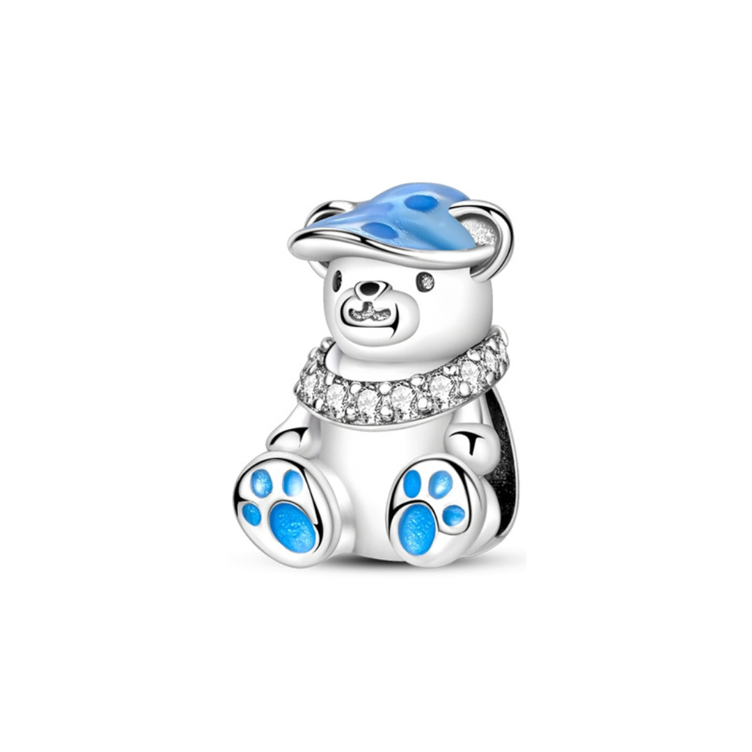 Sparkling Scarf Polar Bear Charm in polished silver with blue enamel cap and pavé scarf, perfect for nature lovers.