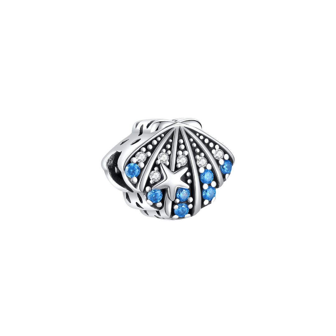 Sparkling Shell And Starfish Charm featuring blue and clear stones on a textured shell design.