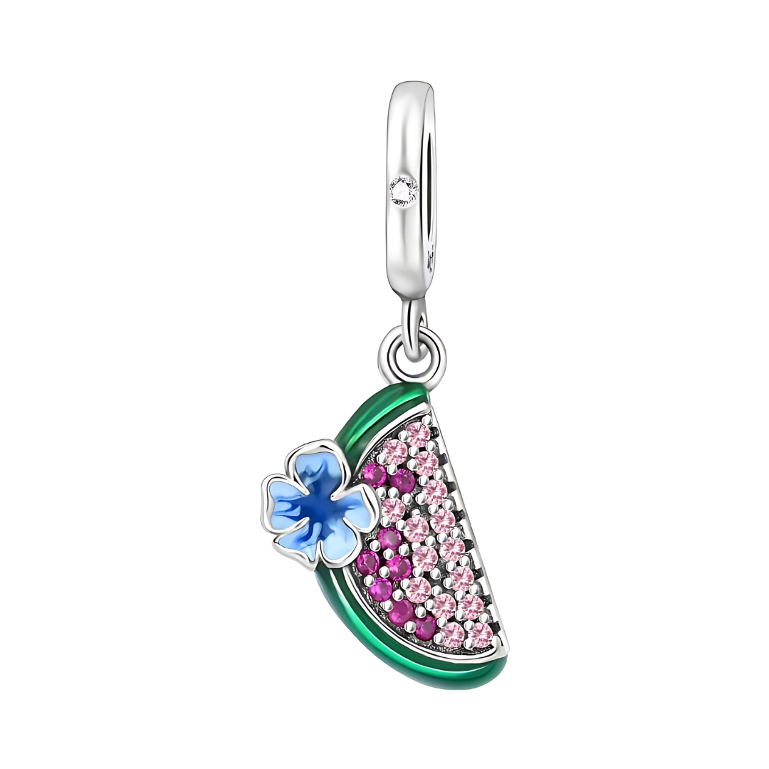 Sparkling Watermelon Slice Dangle Charm featuring pink and fuchsia pavé crystals and a blue enamel flower detail.