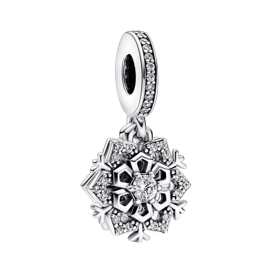 Sparkling Winter Snowflake Dangle Charm featuring a detailed silver snowflake design with clear pavé stones.