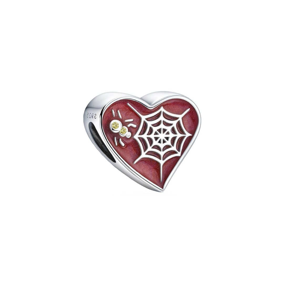 Spider And Web Heart Charm (DISCONTINUED) with red background and intricate spider web design in sterling silver.