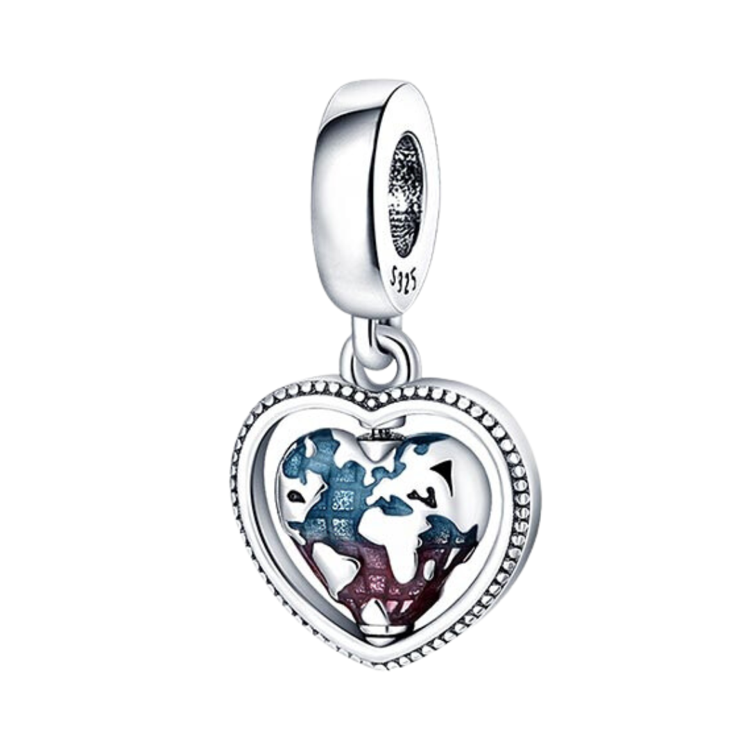 Spinning Globe Heart Love Travel Dangle Charm featuring a blue and purple globe inside a silver heart frame.