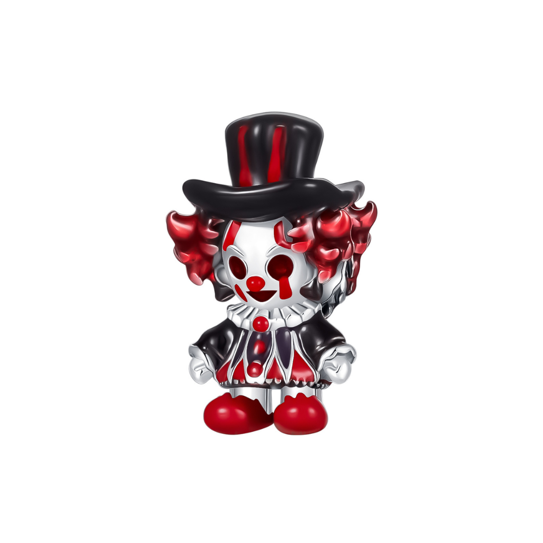 Evil Clown Charm with a sinister grin, red eyes, and vibrant attire, embodying spooky Halloween vibes.